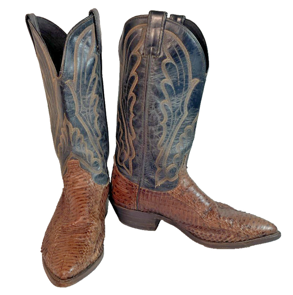 Code West Mens 9M Vtg Western Cowboy Boots Leather Snake Skin Pull On 14" Tall